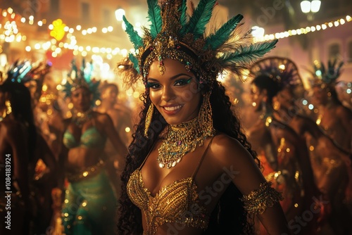 Joyful dancer in a golden headdress at a vibrant carnival celebration