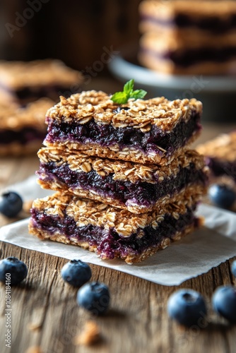 Blueberry oat bars on a wooden table with fresh blueberries and mint leaves