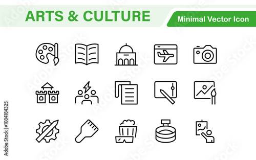 Arts and Culture Icon Set. High-quality icons for Museums, Music, Dance, Theater, Festivals, artistic Expression, Traditions, History, Crafts, and Creative Activities