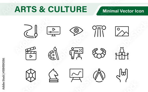 Arts and Culture Icon Set. High-quality icons for Museums, Music, Dance, Theater, Festivals, artistic Expression, Traditions, History, Crafts, and Creative Activities