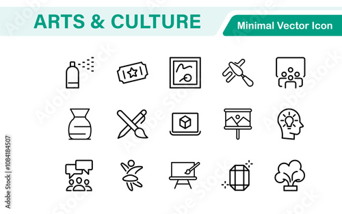 Arts and Culture Icon Set. High-quality icons for Museums, Music, Dance, Theater, Festivals, artistic Expression, Traditions, History, Crafts, and Creative Activities