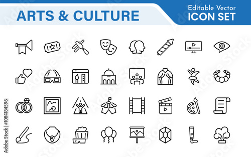 Arts and Culture Icon Set. High-quality icons for Museums, Music, Dance, Theater, Festivals, artistic Expression, Traditions, History, Crafts, and Creative Activities