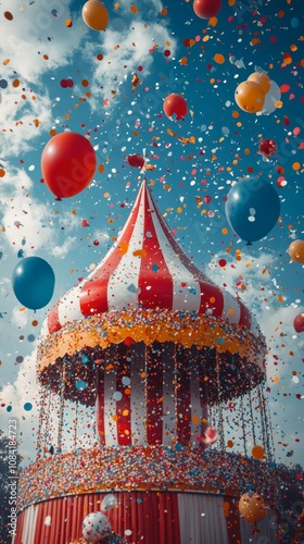 Colorful balloons and confetti celebrate a joyful festival under a big top tent