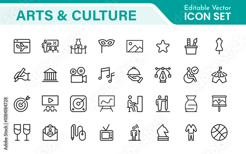 Arts and Culture Icon Set. High-quality icons for Museums, Music, Dance, Theater, Festivals, artistic Expression, Traditions, History, Crafts, and Creative Activities