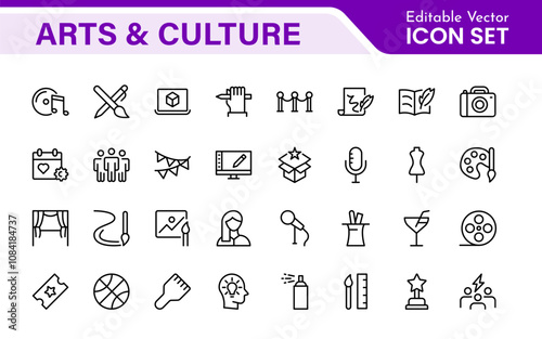 Arts and Culture Icon Set. High-quality icons for Museums, Music, Dance, Theater, Festivals, artistic Expression, Traditions, History, Crafts, and Creative Activities