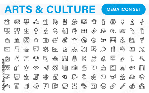 Arts and Culture Icon Set. High-quality icons for Museums, Music, Dance, Theater, Festivals, artistic Expression, Traditions, History, Crafts, and Creative Activities