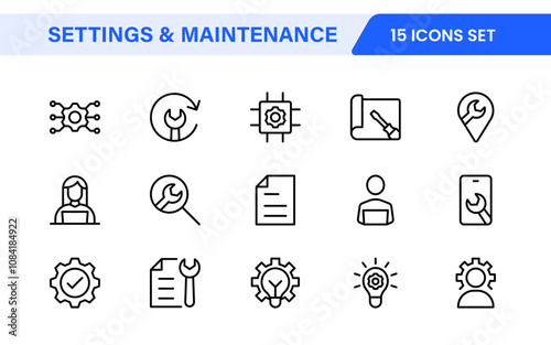 Settings and Maintenance Icon Set. Sleek and functional icons for user interfaces, perfect for enhancing apps and websites with intuitive navigation for settings, updates, and maintenance.