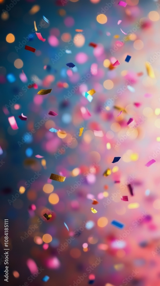 Naklejka premium Colorful confetti falling against a blurred background during a festive celebration atmosphere