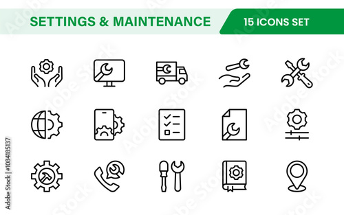 Settings and Maintenance Icon Set. Sleek and functional icons for user interfaces, perfect for enhancing apps and websites with intuitive navigation for settings, updates, and maintenance.