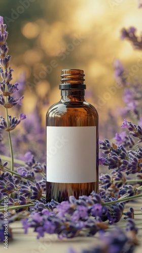 Lavender essential oil bottle placed among fresh lavender flowers on a light ...