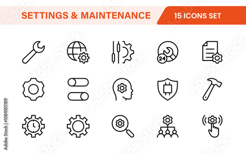 Settings and Maintenance Icon Set. Sleek and functional icons for user interfaces, perfect for enhancing apps and websites with intuitive navigation for settings, updates, and maintenance.