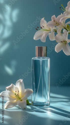 Elegant floral arrangement with a clear perfume bottle on a soft blue background