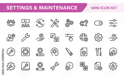 Settings and Maintenance Icon Set. Sleek and functional icons for user interfaces, perfect for enhancing apps and websites with intuitive navigation for settings, updates, and maintenance.