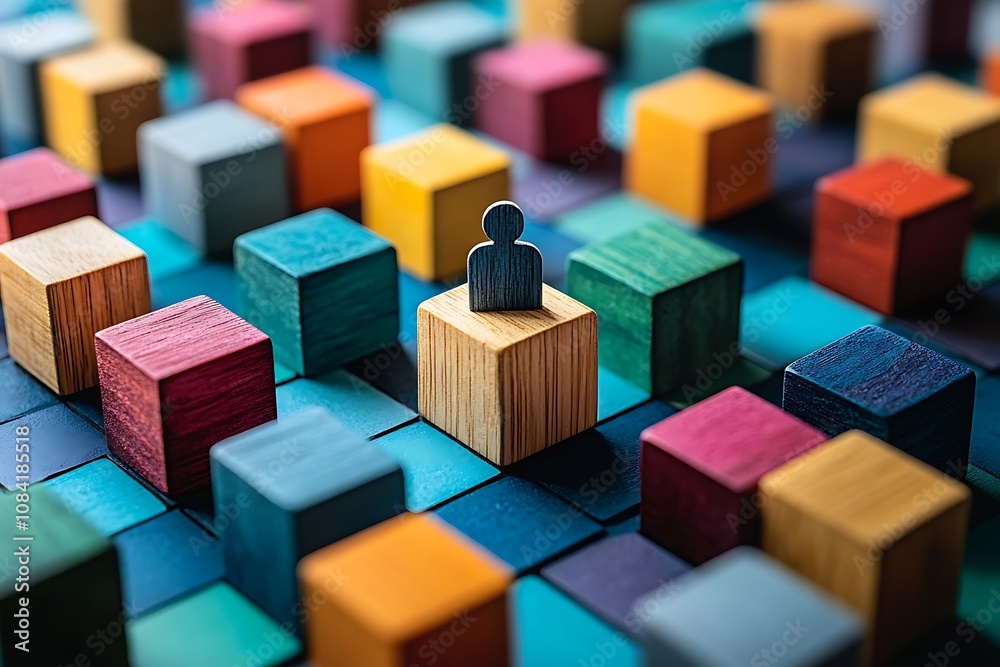 Obraz premium Individuality and Diversity Colorful Blocks and a Leader