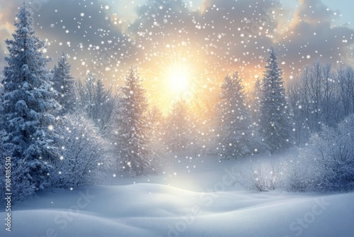 Winter sunrise over a snowy landscape with pine trees in a serene natural set...