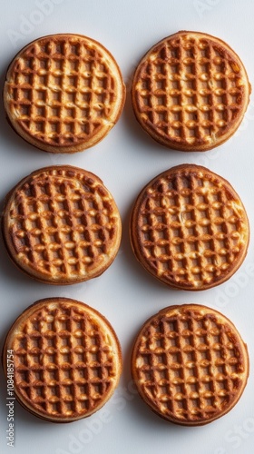 Six freshly baked waffles arranged neatly on a white surface in morning light