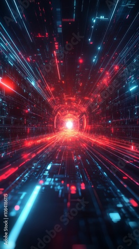 A futuristic digital tunnel filled with bright red and blue light effects at ...
