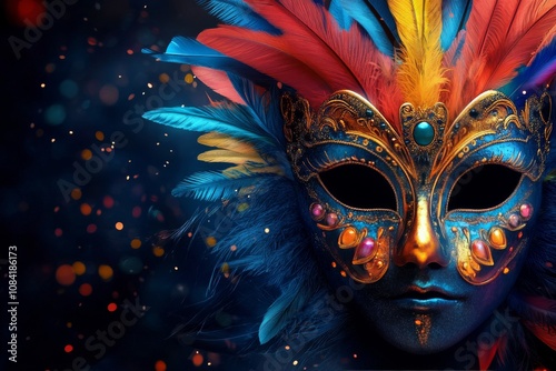 Colorful carnival mask adorned with feathers and intricate designs displayed ...