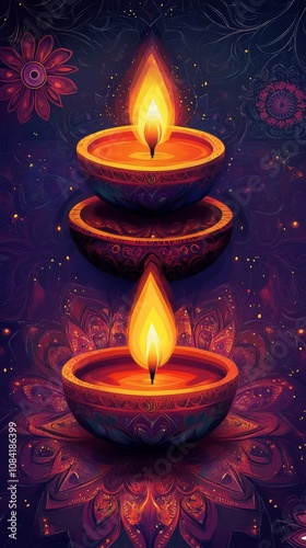 Three colorful oil lamps glowing warmly during a celebration, creating a fest...