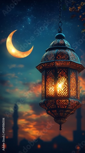 Decorative lantern illuminated at dusk under a crescent moon with a starry sk...