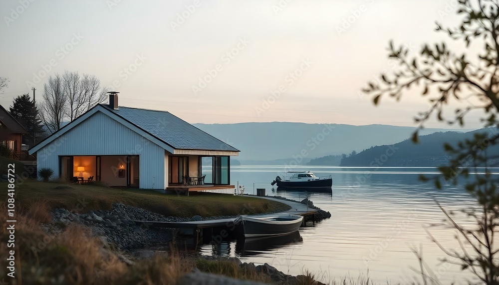Fototapeta premium Modern house with a minimalist design along the riverside in evening light, a small boat docked nearby