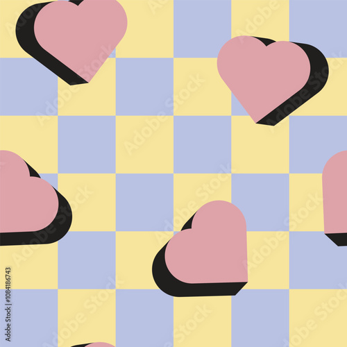 Contemporary Y2K seamless pattern with shaded pink hearts o squared yellow and blue pattern