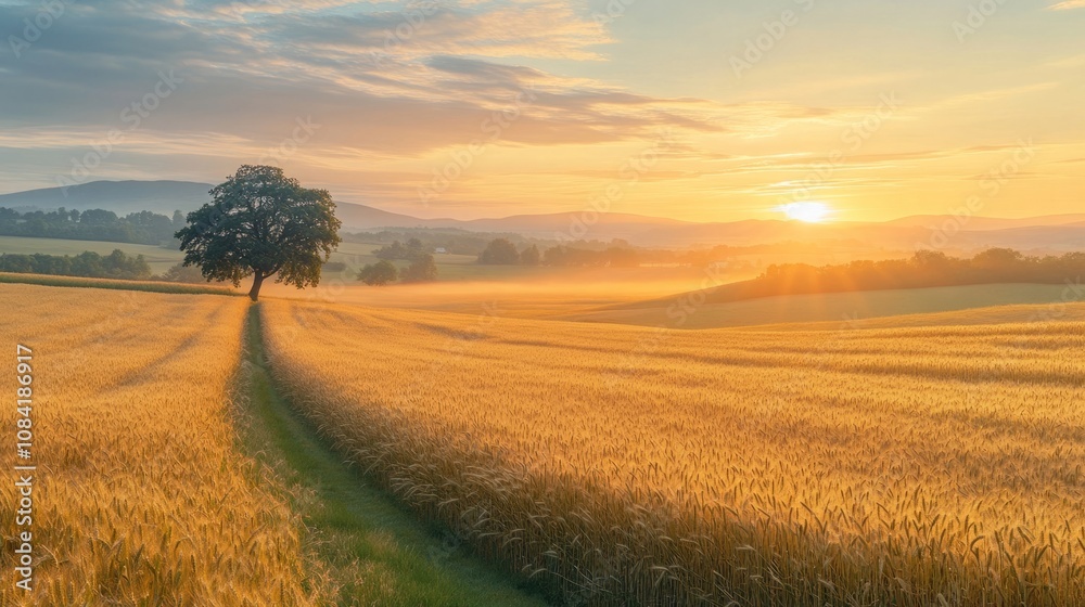 Obraz premium A peaceful rural landscape at dawn, with fields of golden wheat, a lone tree in the distance, and the sun just beginning to rise