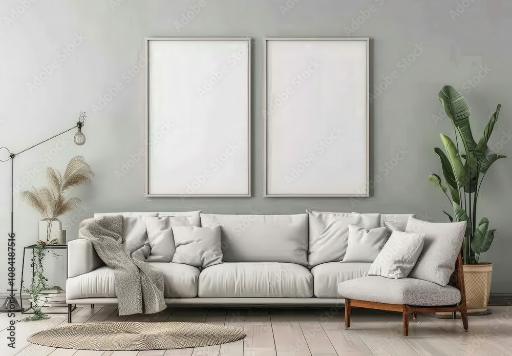 Fototapeta premium A modern living room with a grey sofa and armchair, a large window with a view of trees, and two empty frames on the wall