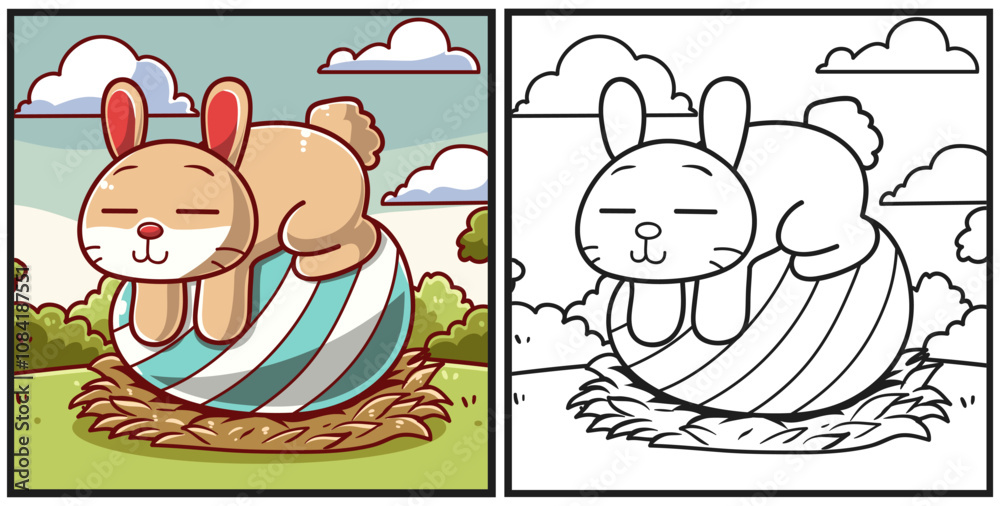 Fototapeta premium Easter rabbit are brooding in their nest coloring page illustration