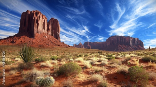 A rugged desert landscape with towering red rock formations, cacti, and a deep blue sky with wisps of clouds