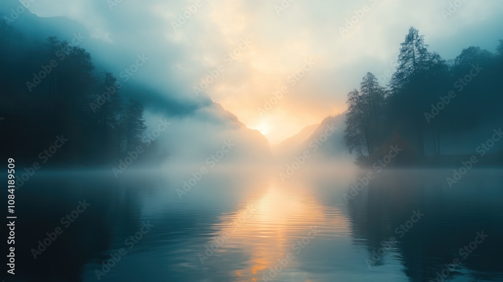 Fototapeta premium Misty sunrise over a calm lake with mountains in the background.