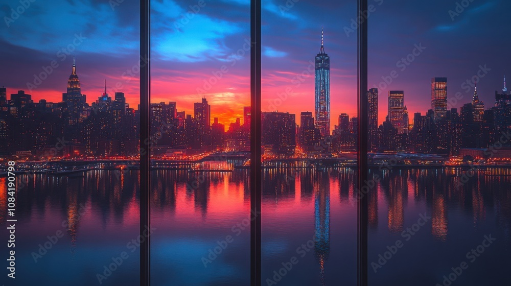 Fototapeta premium Stunning Panoramic View of Manhattan's Illuminated Skyline at Dusk, Perfect for Travel and Cityscape Enthusiasts