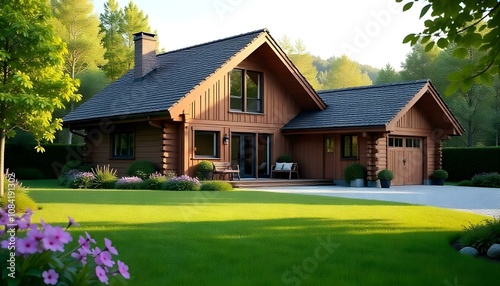 Luxury chalet style house home with garage with large garden and lawn photo