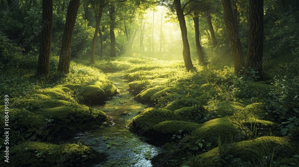 Obraz premium A serene forest glade with a carpet of moss, dappled sunlight filtering through the leaves, and a small stream running through it.