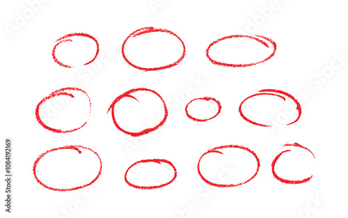 Set of sketch contours of a ellipse on white background, drawn manually with a single line marker. An empty element for marking, highlighting important things, Vector format