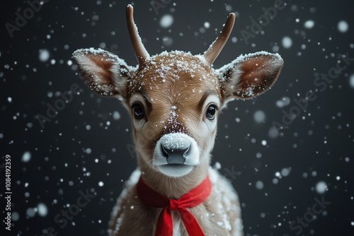 Santa’s reindeer calf with a red ribbon around its neck, snowy background, ample bottom copyspace, playful and festive holiday vibe photo