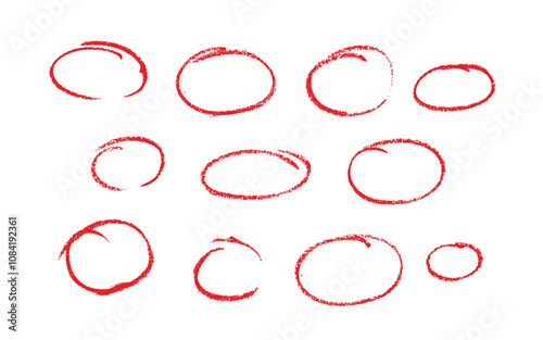 Set of sketch contours of a ellipse on white background, drawn manually with a single line marker. An empty element for marking, highlighting important things, Vector format
