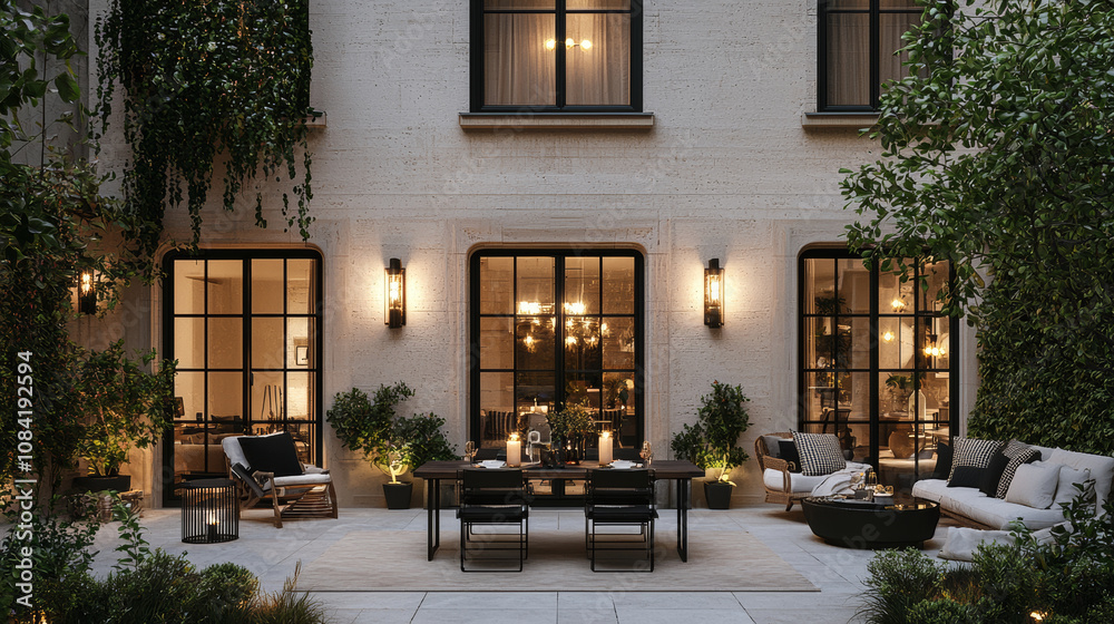 Fototapeta premium A beautifully designed outdoor patio featuring elegant furniture, lush greenery, and warm lighting creates serene atmosphere for relaxation and gatherings