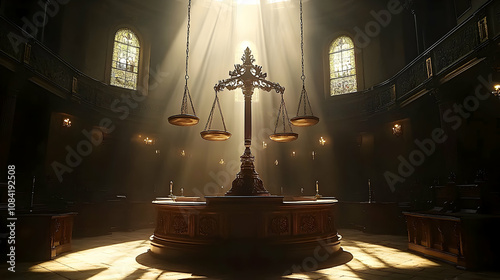 3D Render of Ornate Scales of Justice in a Cathedral, Sunbeams Illuminate the Scene photo