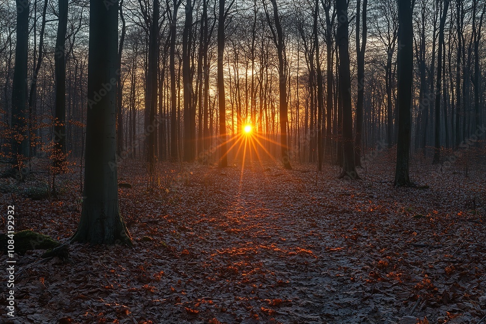 Fototapeta premium Sunset in the woods during the winter. Generative Ai