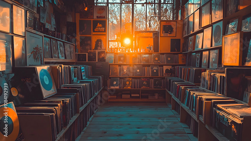 Sunlit Vintage Record Store Interior with Rows of Vinyl Albums and Framed Posters, a Warm and Retro Atmosphere.