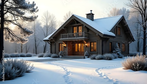 Chalet home in winter covered in snow and surrounded by snow covered trees  photo