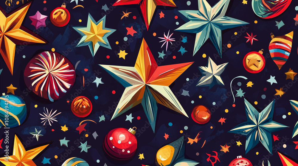 Fototapeta premium Festive seamless pattern with colorful Christmas stars and ornaments on a dark decorative background