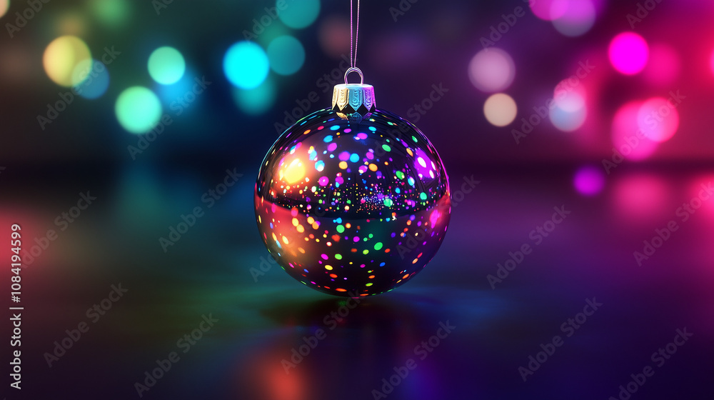 Fototapeta premium Vibrant Christmas bauble with colorful glitter and glowing bokeh lights in a festive holiday setting with copy space