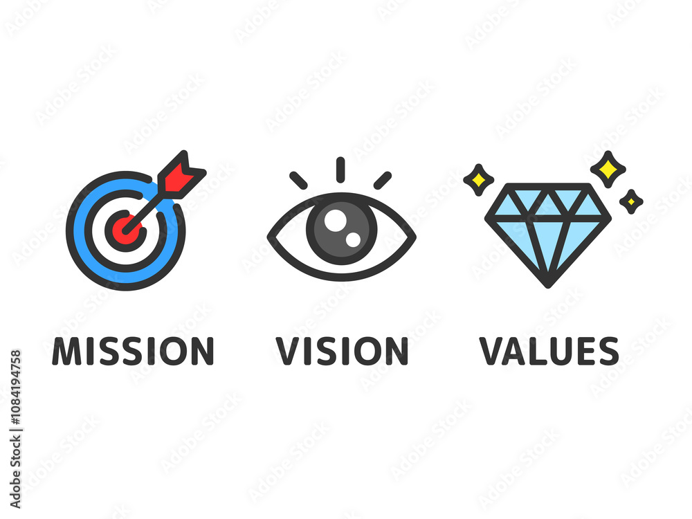 Fototapeta premium ミッション、ビジョン、バリューのアイコン（線画カラー）のイラスト