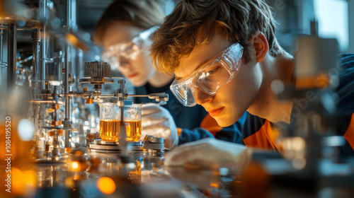 In laboratory setting, two young scientists are focused on their experiments, wearing safety goggles and examining beakers filled with golden liquid. Their concentration highlights importance of preci photo