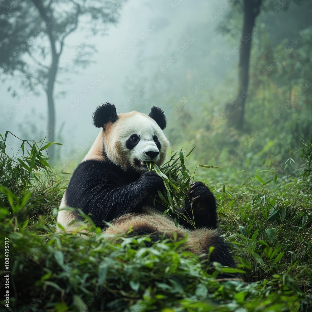 Fototapeta premium A giant panda peacefully eats bamboo in a misty forest setting, surrounded by lush green vegetation and foggy atmosphere.