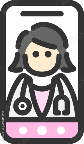 スマートフォンでオンライン診療する、女性医師のアイコン（線画カラー）のイラスト