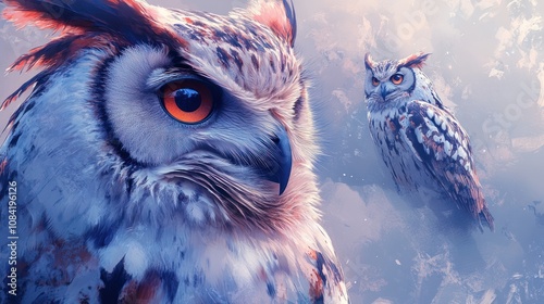 A close-up of an owl with orange eyes and white feathers against a blue sky with a second owl in the background. photo