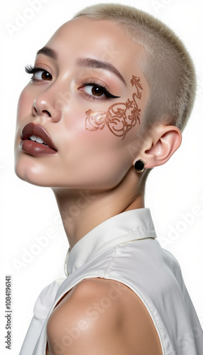 Beautiful albino model with avant-garde haircut, henna eye makeup, white background photo